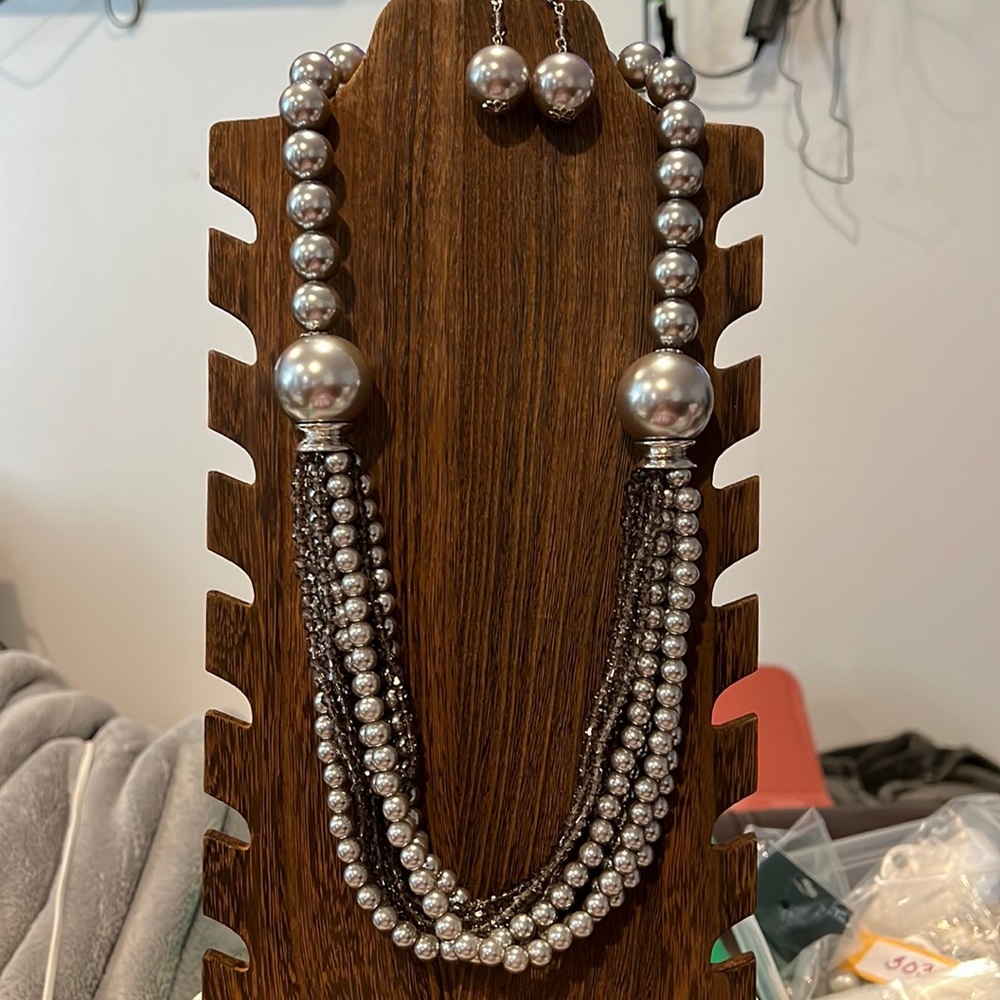 3/$18 Silver/Charcoal Colored Faux Pearl Necklace with Earrings Set - Lot 305